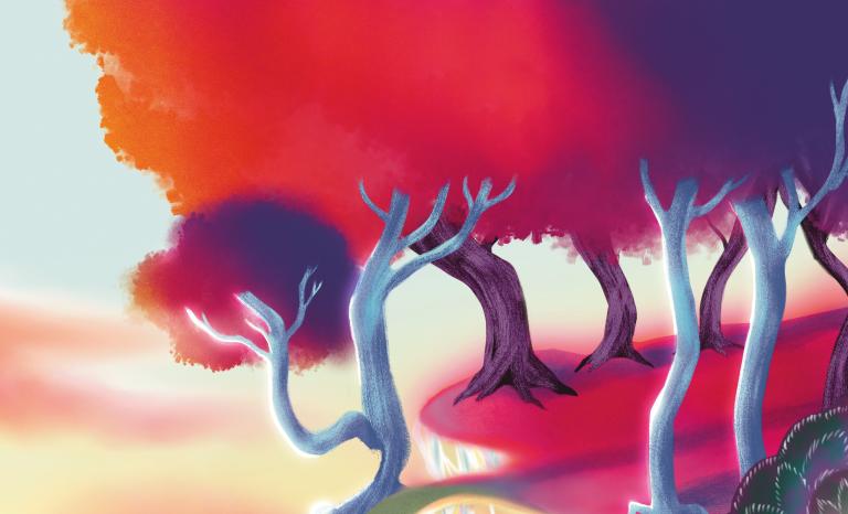 Visuel de saison septembre-décembre 2026 Arbres aux troncs blancs et violets, feuillage rouge-orange et violet